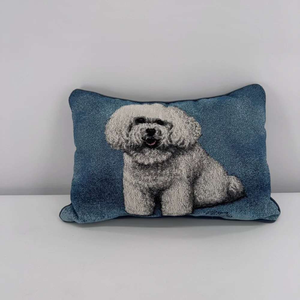 Linda Picken Tapestry Sofa Throw Blue Pillow White Bichon Dog‎ Home Decor
